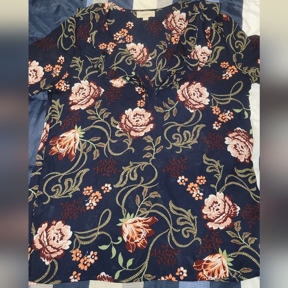 Loft Outlet V-Neck Flowy Ruffle Edged Navy Blue Floral Blouse- Size M